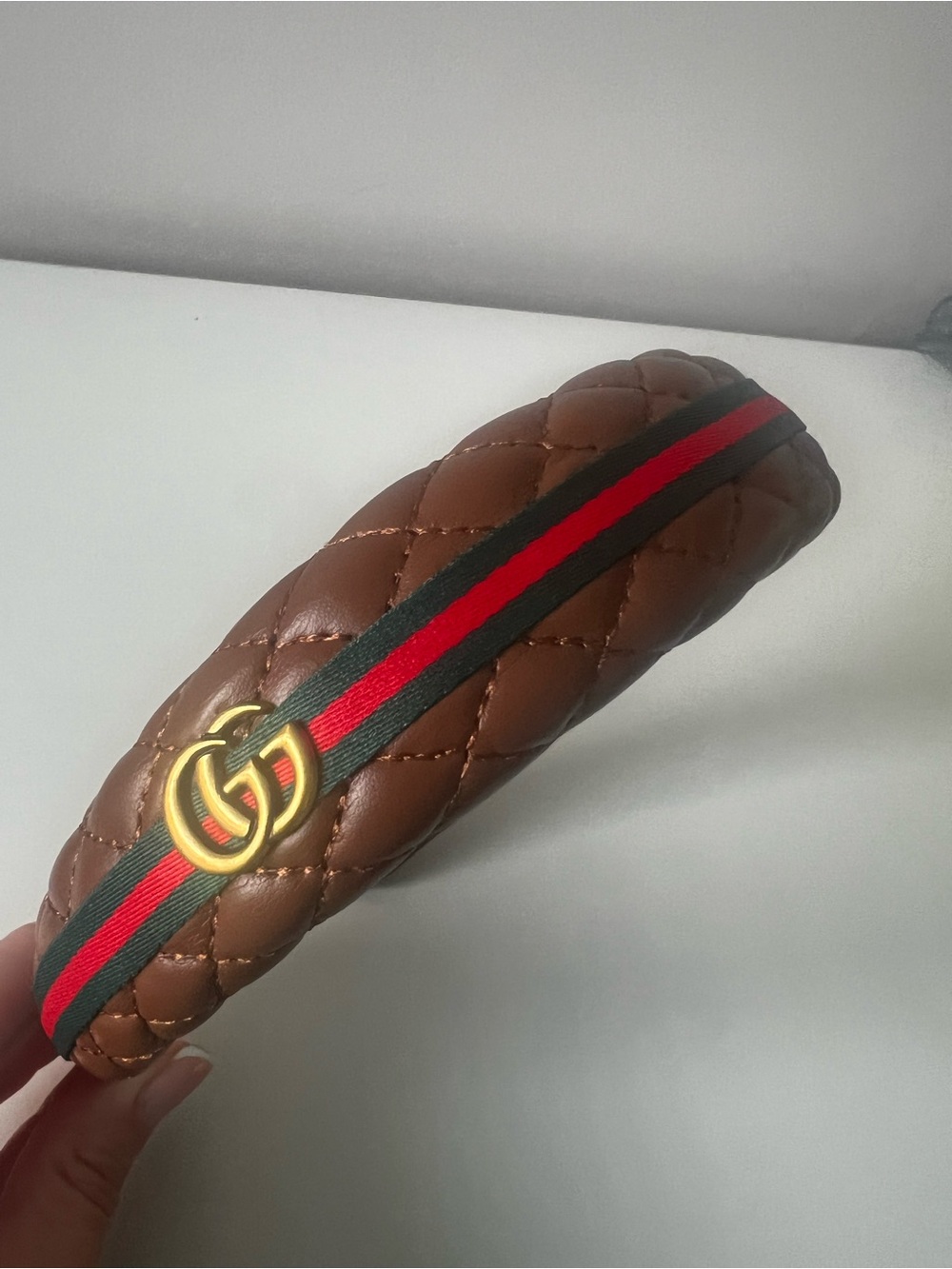 Gucci Quilted Brown Leather Headband with Red and Green Web Stripe